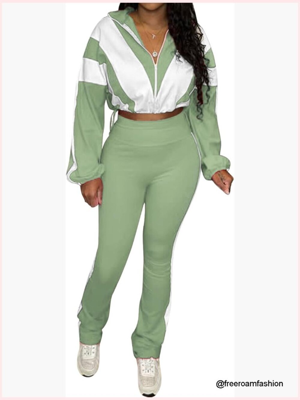 2 Piece Tracksuit Zip Up Cropped Jacket Flared Leggings Set